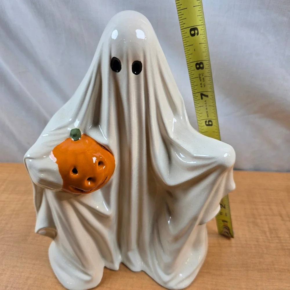 Ceramic Byron Mold Ghost Pumpkin Jack-o'-lantern Handpainted 9